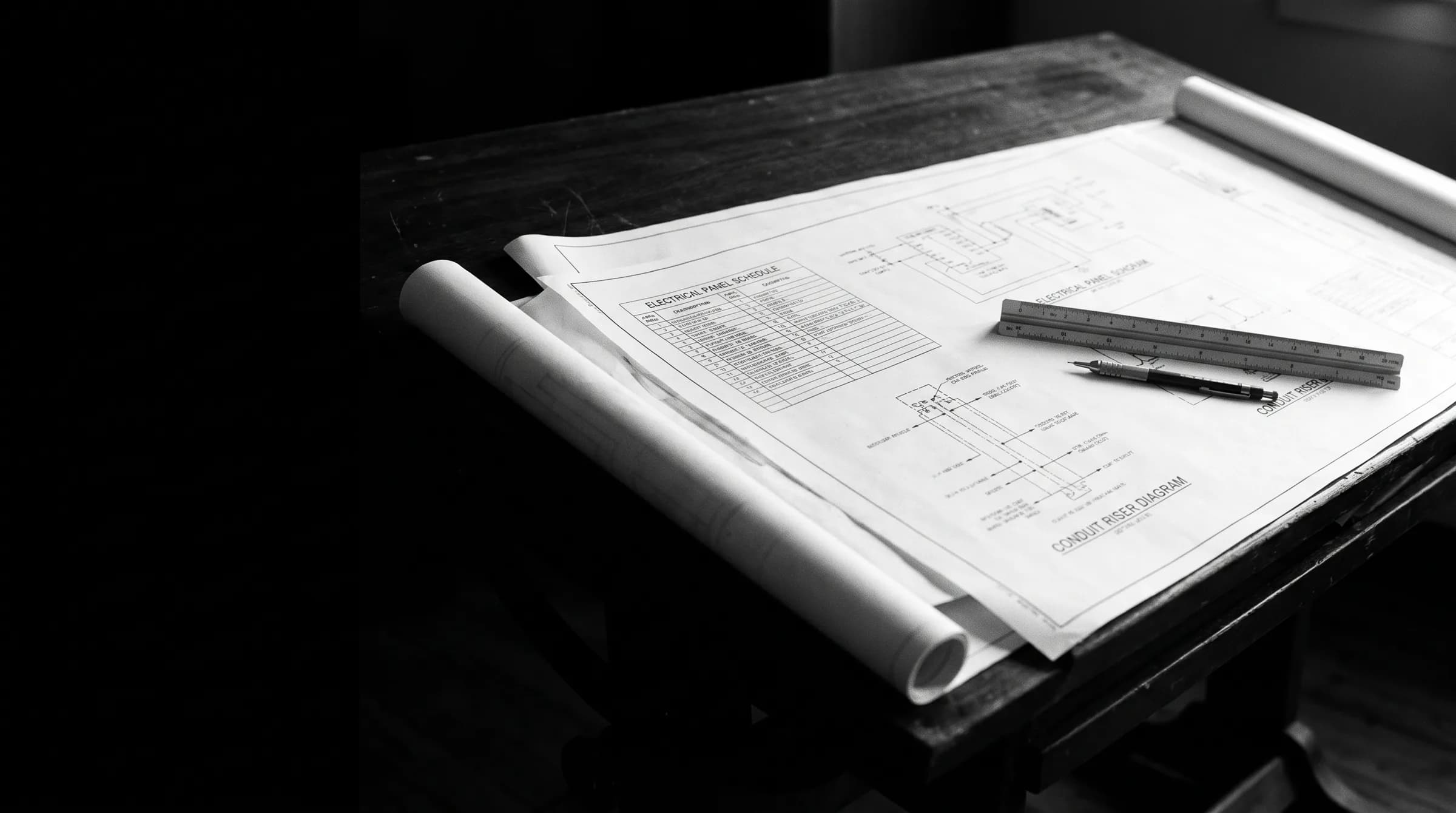 Black-and-white photograph of electrical engineering blueprints — a panel schedule and conduit riser diagram — on a drafting table with a scale ruler and mechanical pencil