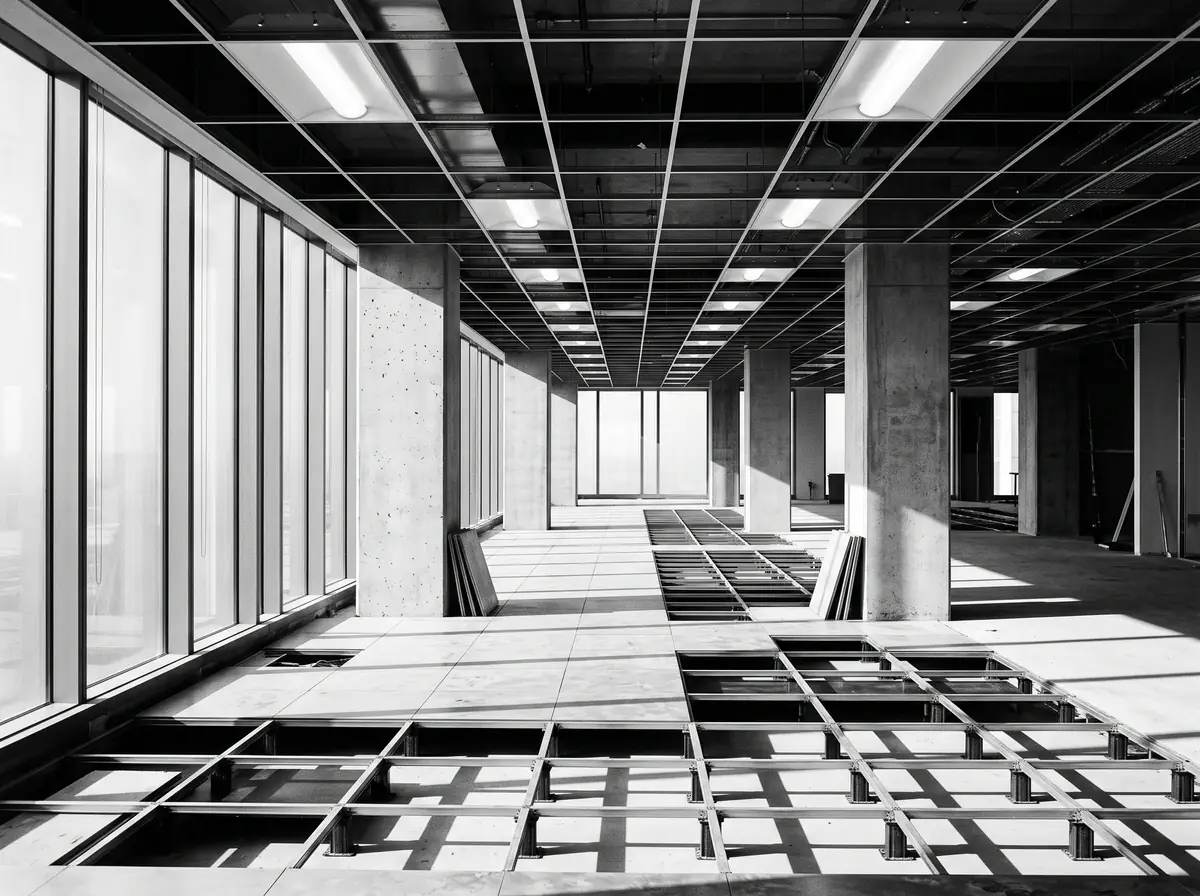 Open-plan office floor under construction, with an exposed ceiling grid, light fixtures being installed and full-height curtain wall windows