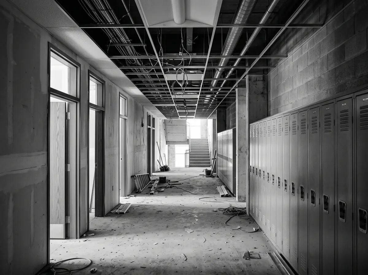 School corridor under construction, with a line of lockers along one wall and a suspended ceiling grid half installed above