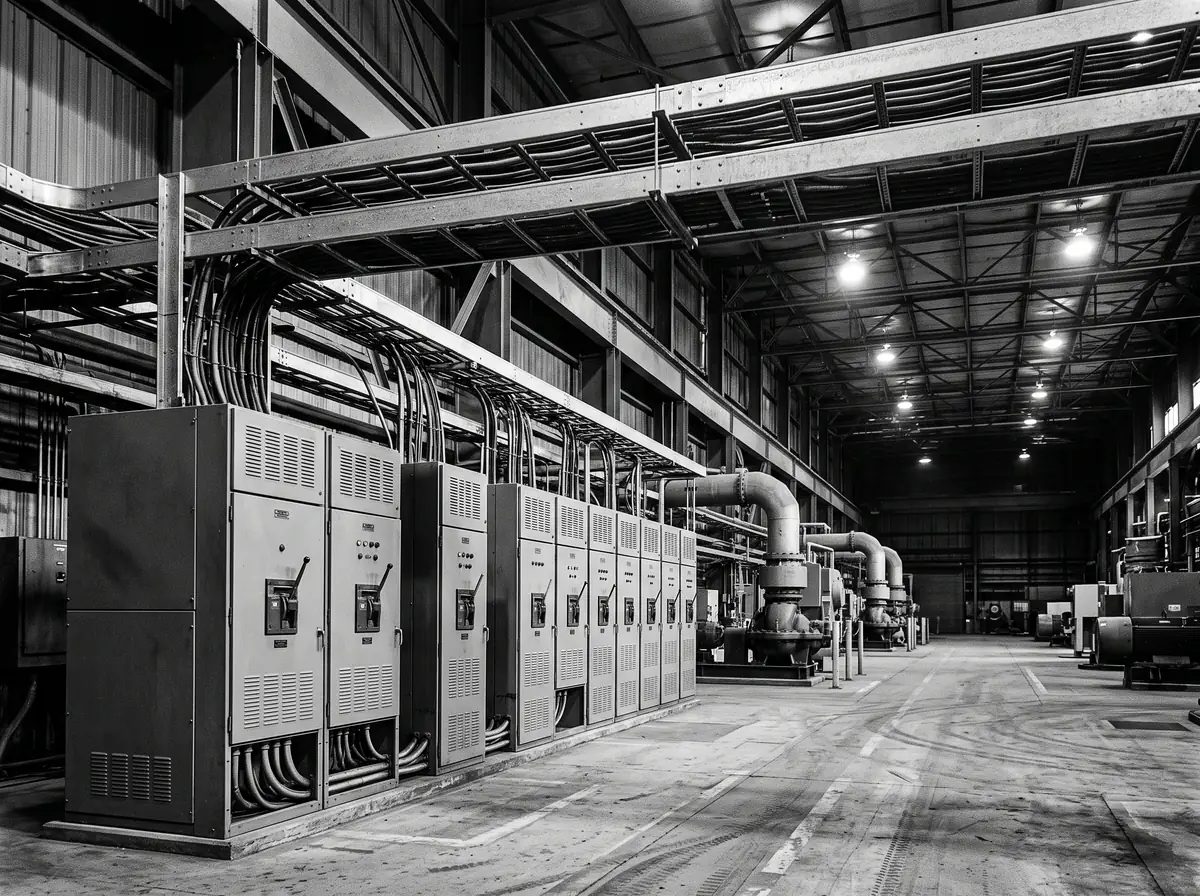 Interior of a manufacturing plant with a row of electrical switchgear cabinets and heavy cable tray runs on exposed steel structure overhead