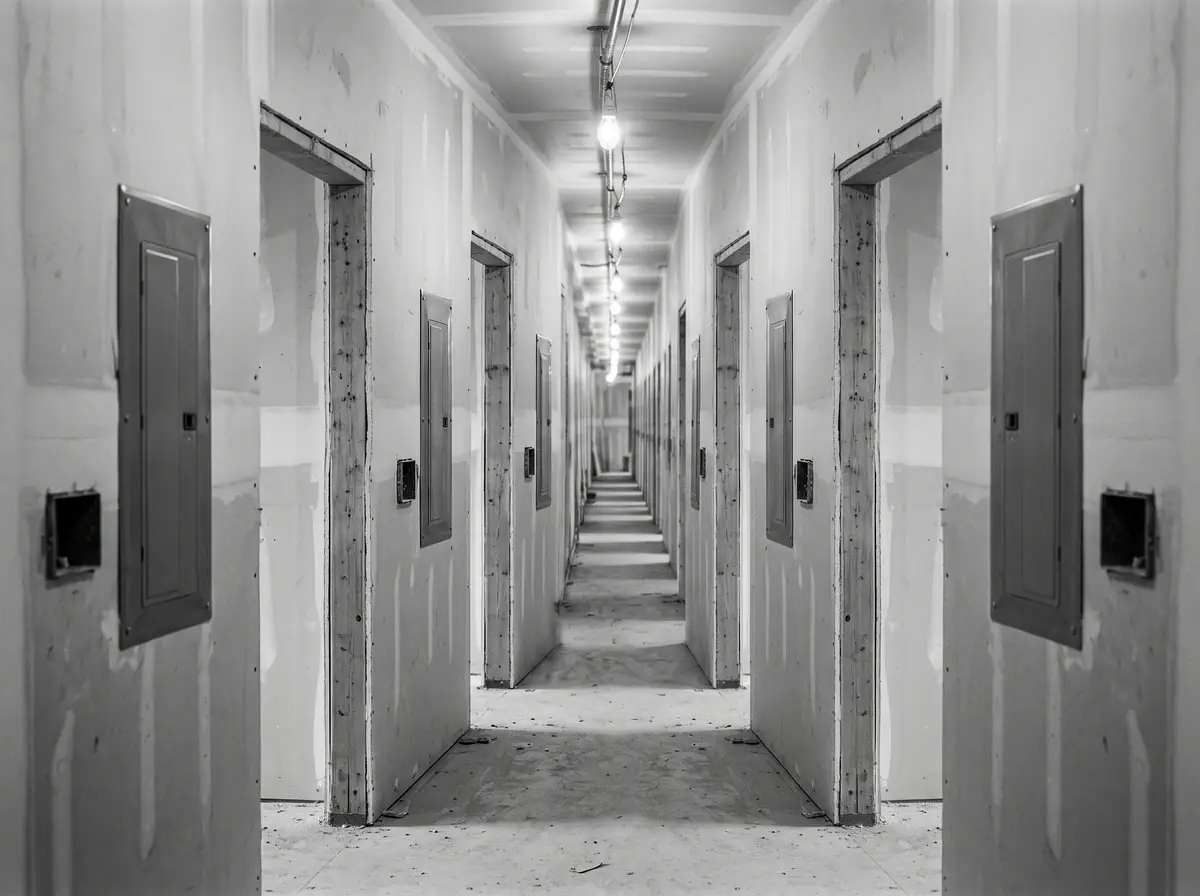 Corridor of a multifamily high-rise under construction, with a long run of identical unit doorways and an electrical panel beside each one