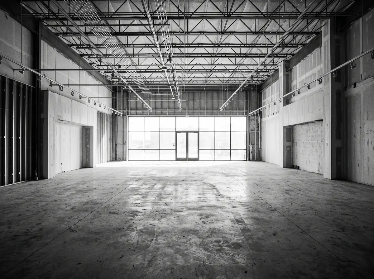 Retail shell under fit-out, an open sales floor with track lighting rails and exposed conduit across the ceiling and a glass storefront at the far end