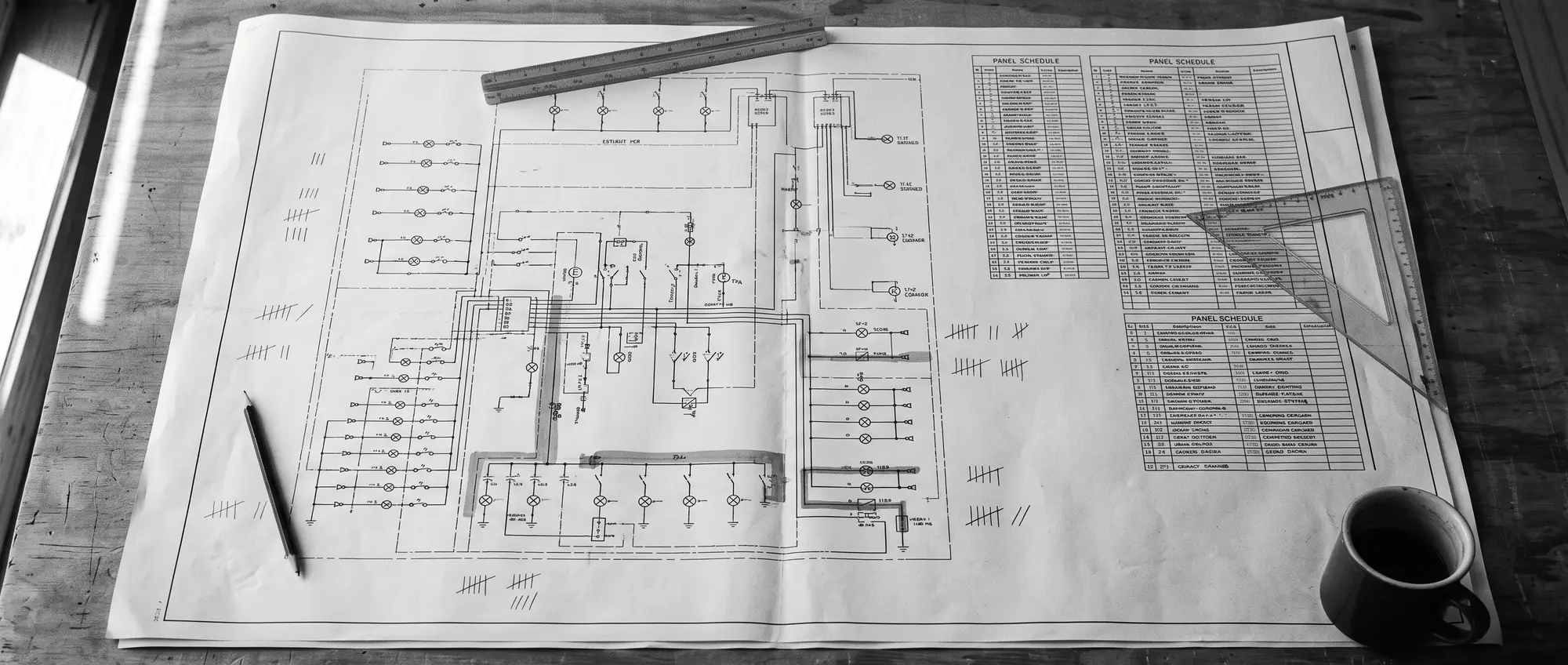 Overhead view of an electrical construction drawing spread across a work table, with panel schedules, a metal scale ruler, an architect's triangle and hand-tallied takeoff marks counted along the margins