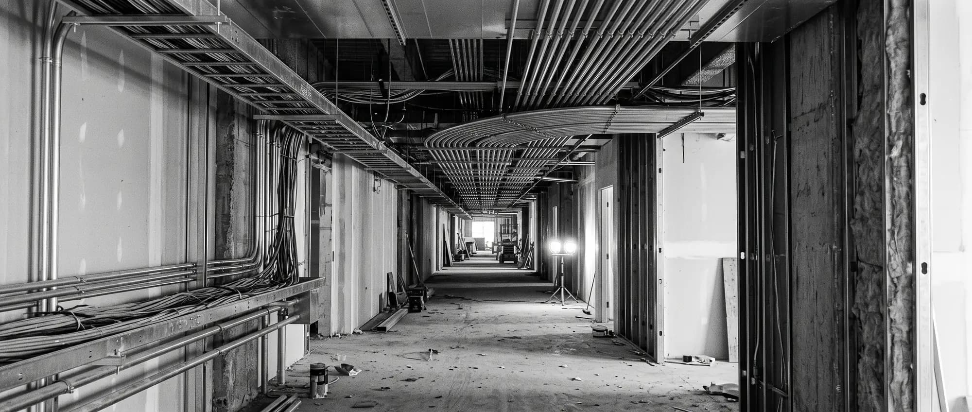 A long mechanical corridor in a building under construction, with overhead cable trays and banks of electrical conduit running away into the distance past unfinished walls