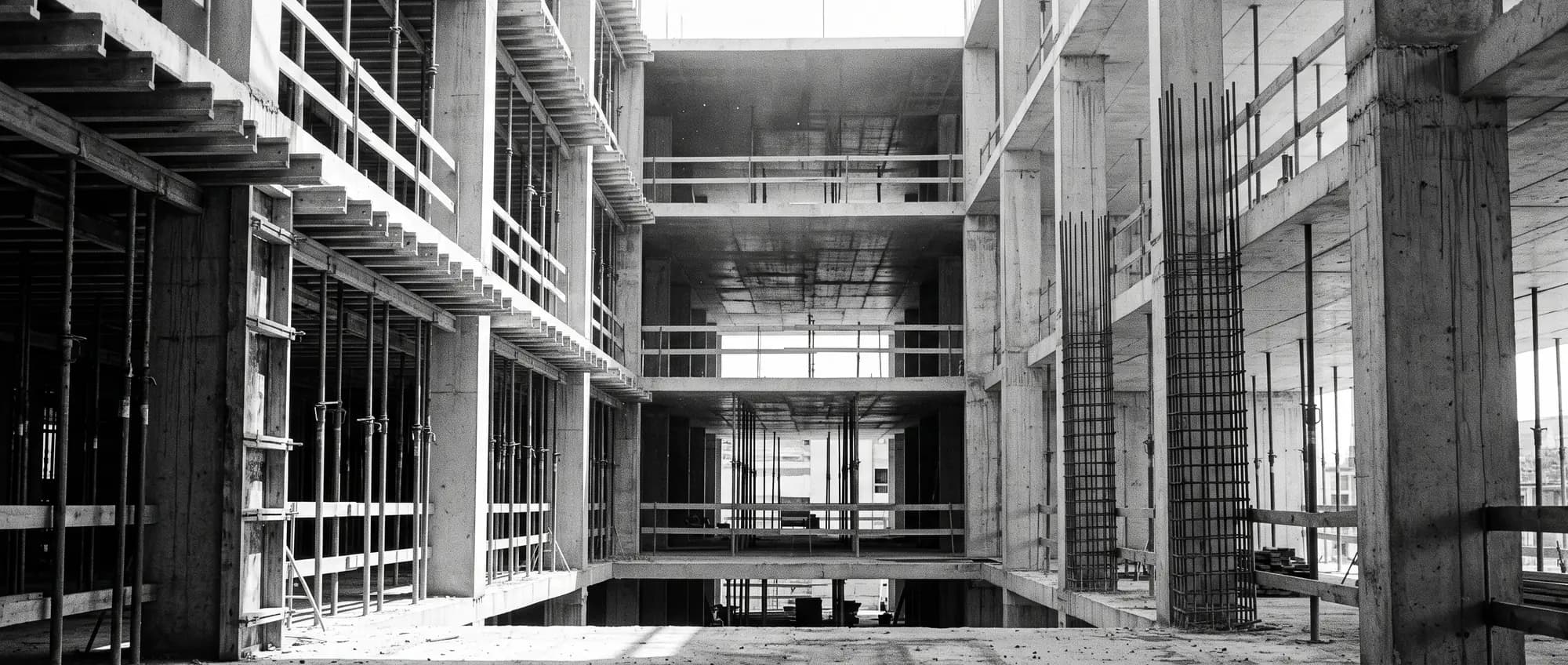 The bare concrete structure of a building in early construction, with formwork, temporary props and floor slabs receding in perspective before any finishes are installed