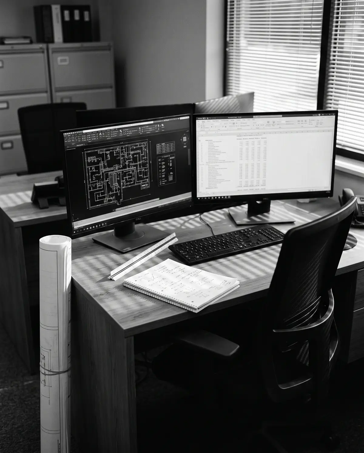An electrical engineer's workstation with two monitors showing a CAD floor plan and an estimating spreadsheet, and a rolled plan set beside the desk