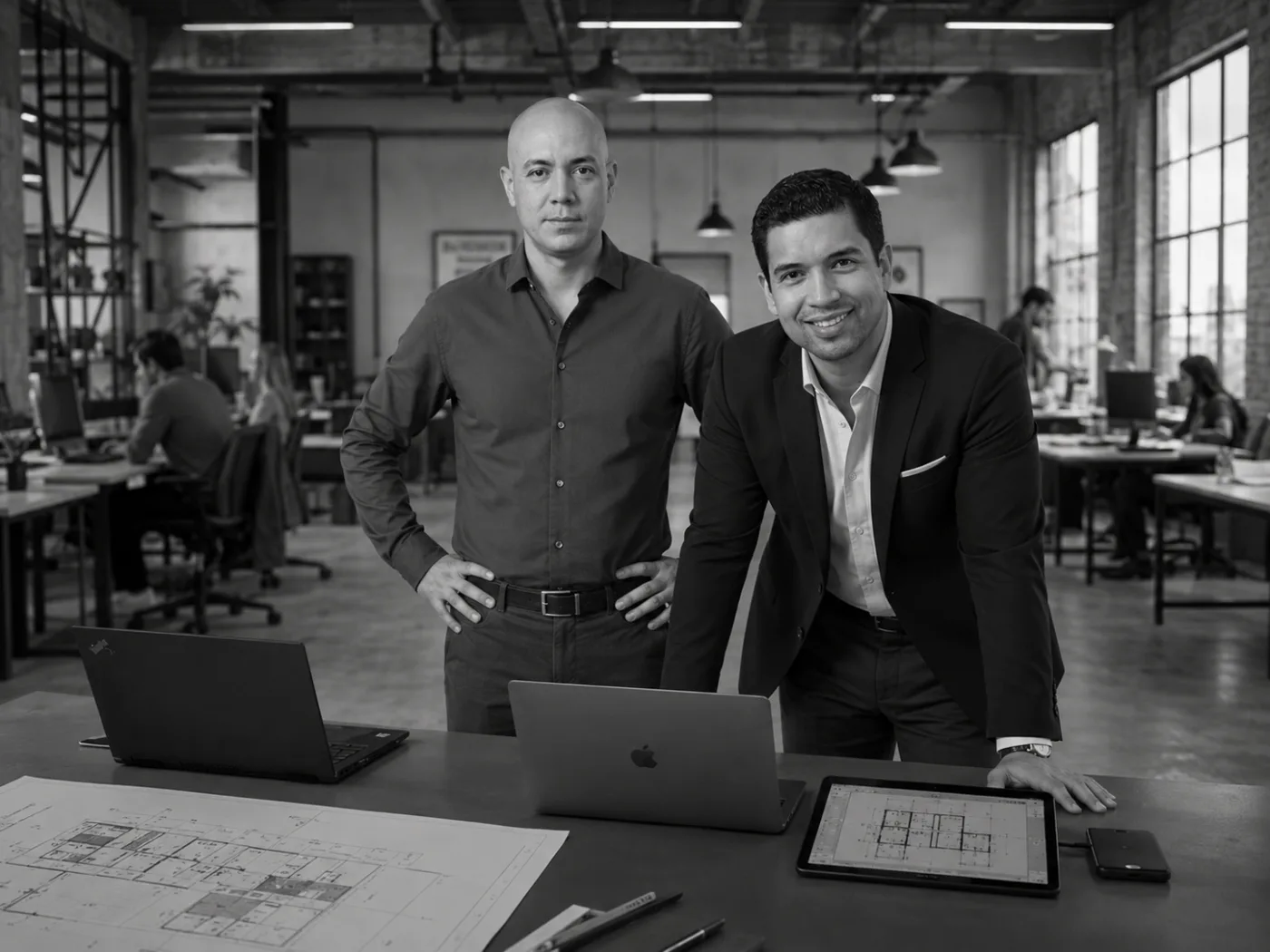 Black-and-white photograph of César Leal and Saúl Valdez, Co-Founders of PanAmerican Engineering Solutions, together at a desk with laptops and a blueprint